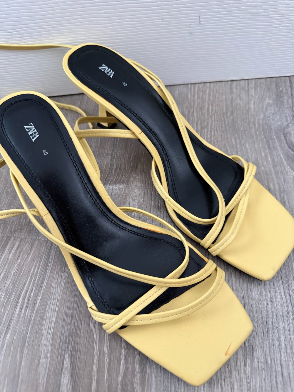 ZARA Yellow Strappy Square-Toe Heels